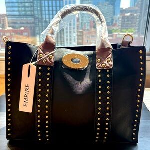 Empire Black Tote with Brown Handles and Gold Stud Accents